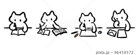 勉強をする猫　お絵描き　仕事　シンプルでかわいい装飾イラストセット 96458572