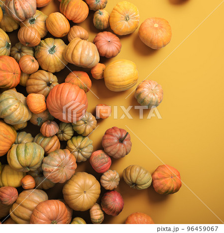 Autumn composition of orange pumpkins on white table background. 96459067