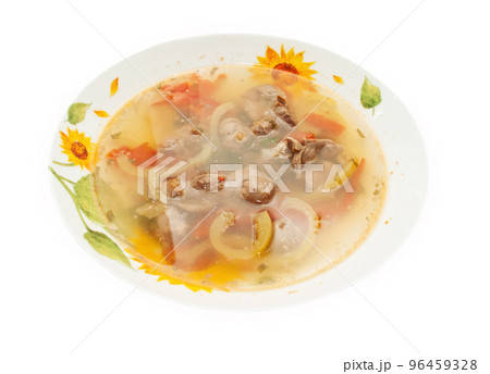 appetizing Soup with Chicken giblets in plate isolated appetizing Soup with Chicken giblets in plate isolated 96459328