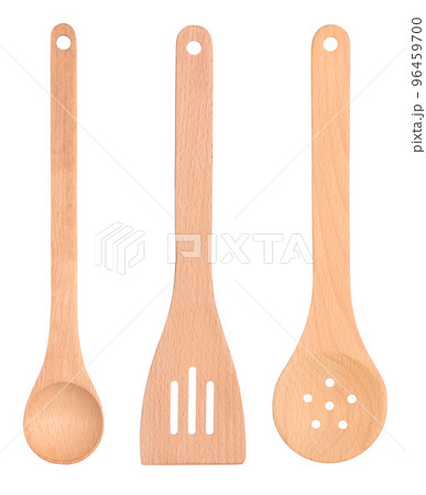 Set of wooden spoons with long handle, ladle, slotted spatula and straining skimmer isolated Set of wooden spoons with long handle, ladle, slotted spatula and straining skimmer isolated 96459700