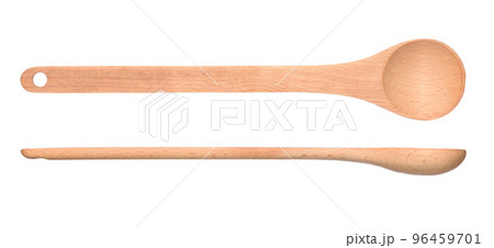 Wooden spoon with long handle front and side view isolated on white background 96459701