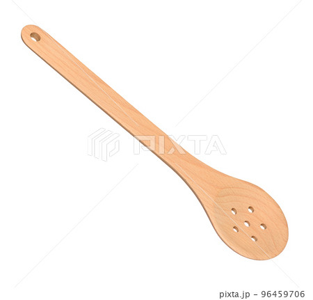 Wooden straining spoon isolated on white background. New clean ladle kitchen skimmer. 96459706