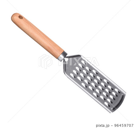Kitchen hand grater isolated on white background. New clean grater with wooden handle. 96459707