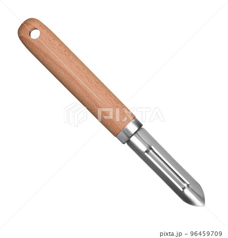 Vegetable peeler isolated on white background. New clean potato peeler with wooden handle. 96459709