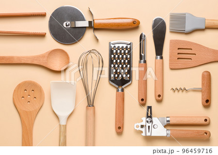Set of kitchen utensils pattern background top view. Various cooking tools flat lay. 96459716