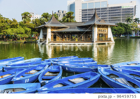 View of boats in front of Mid-Lake Pavilion in Taichung Park, Taiwan. It was built when Taiwan was under Japanese rule. View of boats in front of Mid-Lake Pavilion in Taichung Park, Taiwan. It was built when Taiwan was under Japanese rule. 96459755