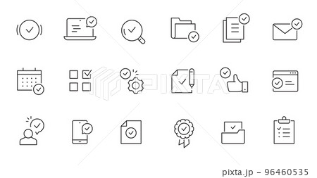 Check mark, quality control line icon. Approve sign, business quarantee mark outline editable stroke icon. Document confirm Check mark, quality control line icon. Approve sign, business quarantee mark outline editable stroke icon. Document confirm 96460535