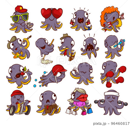 Funny octopus character in different everyday activities set. Cute sea creature shopping, doing sports, reading book, walking cartoon vector illustration 96460817