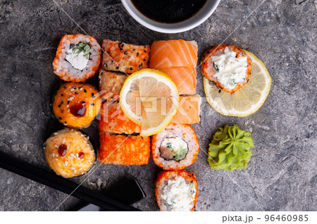 sushi roll set served  at grey table. flat lay. close up 96460985