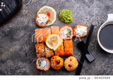 sushi roll set served at grey table. flat lay. close up sushi roll set served at grey table. flat lay. close up 96460989