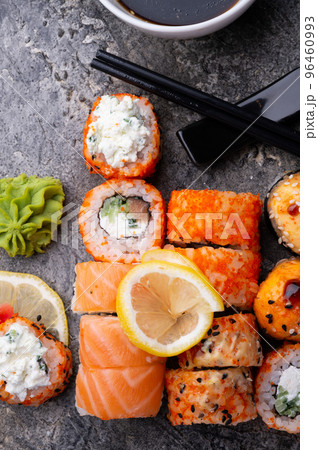 sushi roll set served at grey table. flat lay. close up sushi roll set served at grey table. flat lay. close up 96460993