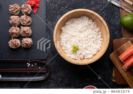 sushi roll set with shiitake mushrooms Stock Photo by AntAlexStudio