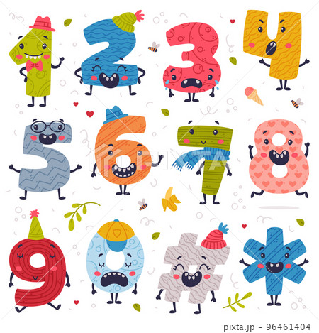 Set of cute colorful number characters with funny faces set. Comic childish bright colorful numerals, math symbols cartoon vector illustration 96461404