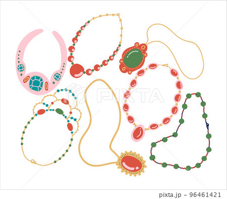 Necklace as Jewellery Worn Around Neck with Chain and Gemstones Vector Set 96461421