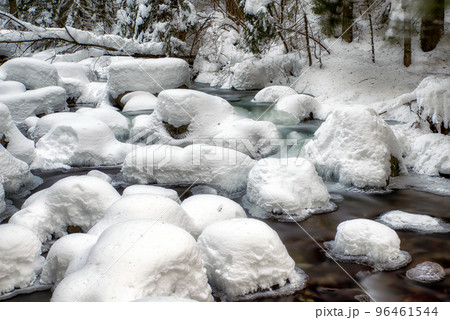 Long exposure of flowing cold frozen water in mountain stream Long exposure of flowing cold frozen water in mountain stream 96461544