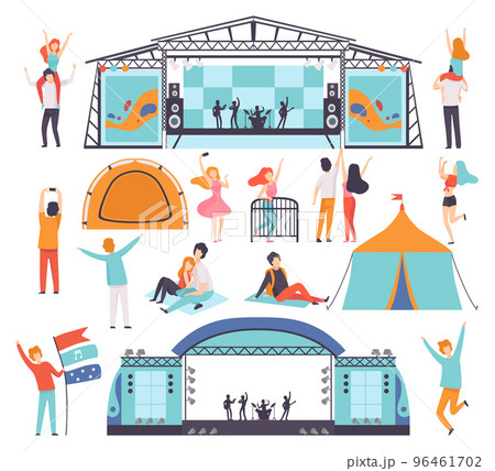 People at Musical Festival with Stage for Street Performance and Open Air Concert Big Vector Set 96461702