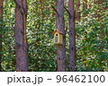 Birdhouse or bird box with natural green leaves background. Selective focus 96462100