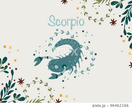 Scorpio zodiac sign. Cute Banner with Scorpio, stars, flowers, and leaves. Astrological sign of the zodiac. Vector illustration 96462166