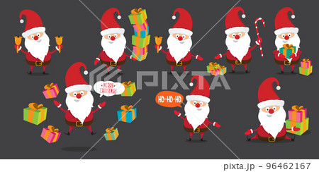 Vector christmas Santa Claus big set with santa holding gifts, secret santa , red hat , christmas tree, presents, sale banner and white beard isolated on grey background. Christmas design element Vector christmas Santa Claus big set with santa holding gifts, secret santa , red hat , christmas tree, presents, sale banner and white beard isolated on grey background. Christmas design element 96462167