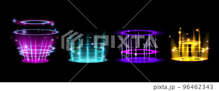 Glow portal set, vector game light hologram scene, magic neon circles, technology digital teleport 96462343