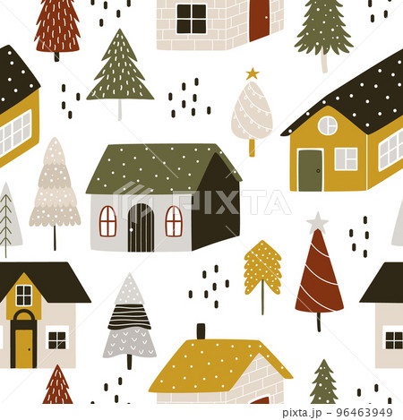 Scandinavian cute houses among Christmas trees and abstract decor Scandinavian cute houses among Christmas trees and abstract decor 96463949