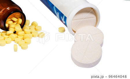 Pills in transparent pill bottle. Pills in transparent pill bottle. 96464048
