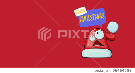 Vector cartoon Santa Claus red hat with smile face isolated on red horizontal bannner background. Merry Christmas greeting banner with funny monster Santa Claus hat. Santa hat Vector cartoon Santa Claus red hat with smile face isolated on red horizontal bannner background. Merry Christmas greeting banner with funny monster Santa Claus hat. Santa hat 96464588
