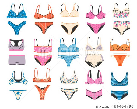 Female underwear. Womens bikini, panties, and bra. Elegant lingerie and swimsuit fashion accessories vector set 96464790