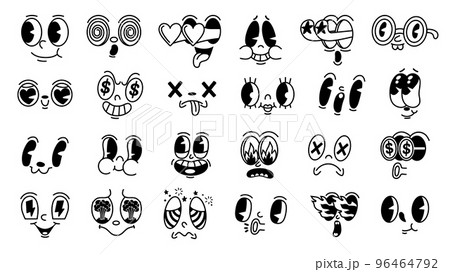 Retro 1930s facial expressions. Mascot faces for old animation characters, funny face with fire, heart and star shaped eyes vector set Retro 1930s facial expressions. Mascot faces for old animation characters, funny face with fire, heart and star shaped eyes vector set 96464792