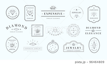 Jewelry emblems. Elegance diamond label template, luxury gemstone emblem and premium minimalistic frame vector set 96464809