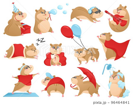 Cartoon hamster character. Cute pet mascot play guitar, sleep and do fitness. Listen music, washes in shower and walking with umbrella vector set Cartoon hamster character. Cute pet mascot play guitar, sleep and do fitness. Listen music, washes in shower and walking with umbrella vector set 96464841