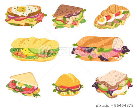 Cartoon sandwich. Delicious panini with vegetables, salmon and meat. Crispy toast, croissant and bun sandwiches vector set 96464878