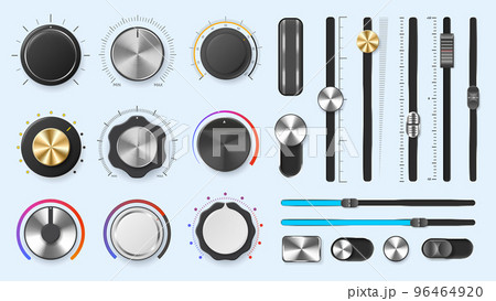 Audio mixer dials. Volume adjustment levels metal knobs and slider regulators, round and line amplify controllers vector set 96464920