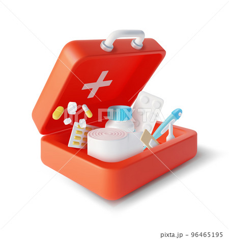 3d Simple Open Red First Aid Kit Plasticine Cartoon Style. Vector illustration of Doctor Suitcase with Medical Supplies 96465195