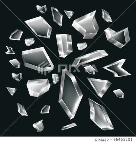 Realistic Detailed 3d Different Glass Shatters Set on a Black Background. Vector illustration of Flying Sharp Particles Realistic Detailed 3d Different Glass Shatters Set on a Black Background. Vector illustration of Flying Sharp Particles 96465201