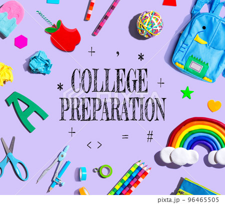College Preparation theme with school supplies on a purple background College Preparation theme with school supplies on a purple background 96465505