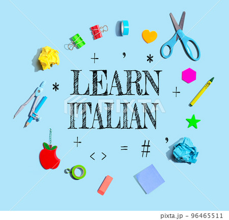 Learn Italian theme with school supplies - flat lay Learn Italian theme with school supplies - flat lay 96465511