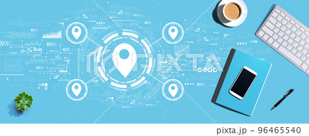 Map pin concept with computer keyboard and office items 96465540