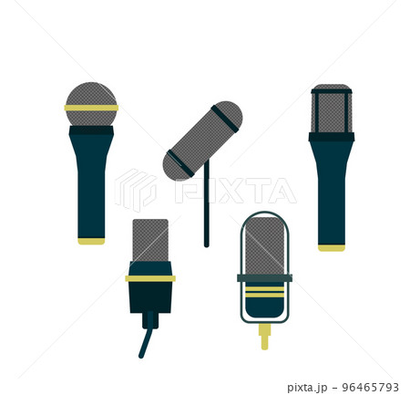 Set of microphones for audio podcast speech or music recording technology set of speech concert equipment equipment isolated on white background. Flat style. Vector Set of microphones for audio podcast speech or music recording technology set of speech concert equipment equipment isolated on white background. Flat style. Vector 96465793