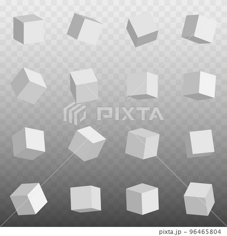 Icons set of 3d models of white cubes. Isolated on transparent background. Realistic 3d squares in different positions. Vector 96465804