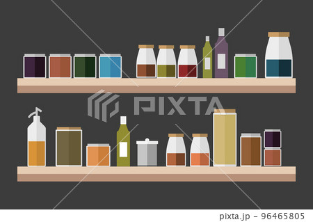 Supermarket shelves, full of different products, grocery store assortment, flat style. Vector 96465805