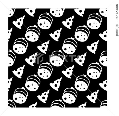 Vector seamless pattern with slices of salami and cheese sausage isolated on a black background. Pizza ingredients. Background for menu. Flat style cartoon. Vector 96465806