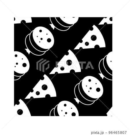Vector seamless pattern with slices of salami and cheese sausage isolated on a black background. Pizza ingredients. Background for menu. Flat style cartoon. Vector 96465807
