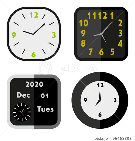 Collection of wall clocks with Arabic numerals in dark colors. Flat style. Isolated on white background. Vector 96465808