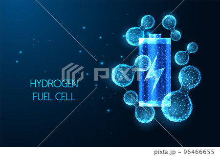 Futuristic Hydrogen fuel cell concept with glowing low polygonal battery and hydrogen molecules 96466655