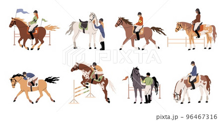 People riding horses. Horsemen in jockey clothes and helmets, professional equestrian, riding training, different stallions, gallop and jump, male and female characters, tidy vector set People riding horses. Horsemen in jockey clothes and helmets, professional equestrian, riding training, different stallions, gallop and jump, male and female characters, tidy vector set 96467316