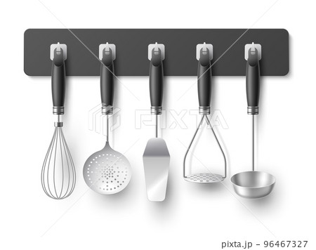 Hanged kitchen utensils. Realistic steel cooking tools, 3d isolated metal equipments, cutlery mockup, metal skimmer, whisk and spatula, home and cafe kitchenware, utter vector concept Hanged kitchen utensils. Realistic steel cooking tools, 3d isolated metal equipments, cutlery mockup, metal skimmer, whisk and spatula, home and cafe kitchenware, utter vector concept 96467327