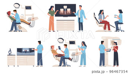 Dentist with patient. Modern dentistry, people at doctors appointment, oral cavity examination, teeth panoramic image, orthodontist clinic interior, nowaday vector cartoon flat set 96467354