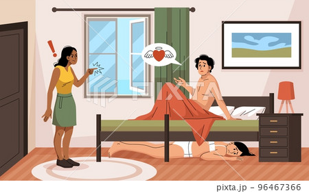 Adultery couple. Husband cheats on wife with mistress, woman hides under lovers bed, cheating partner, family quarrel, distrustful relationship, tidy vector cartoon flat style concept 96467366