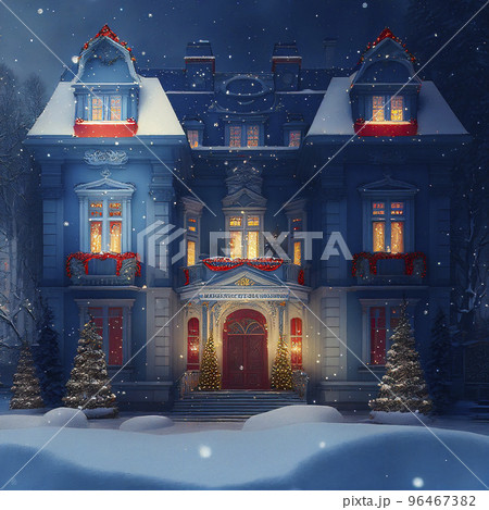 Christmas Background with a Beautifully Decorated House Surrounded by Tall Snow Covered Pine Trees Christmas Background with a Beautifully Decorated House Surrounded by Tall Snow Covered Pine Trees 96467382